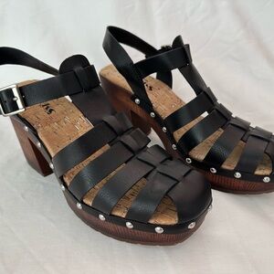 Kork Whitney Black Leather Platform Sandals